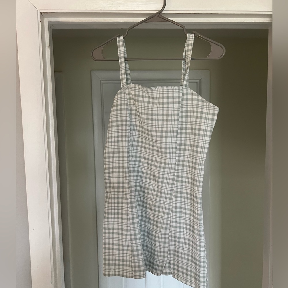 green + white checkered dress